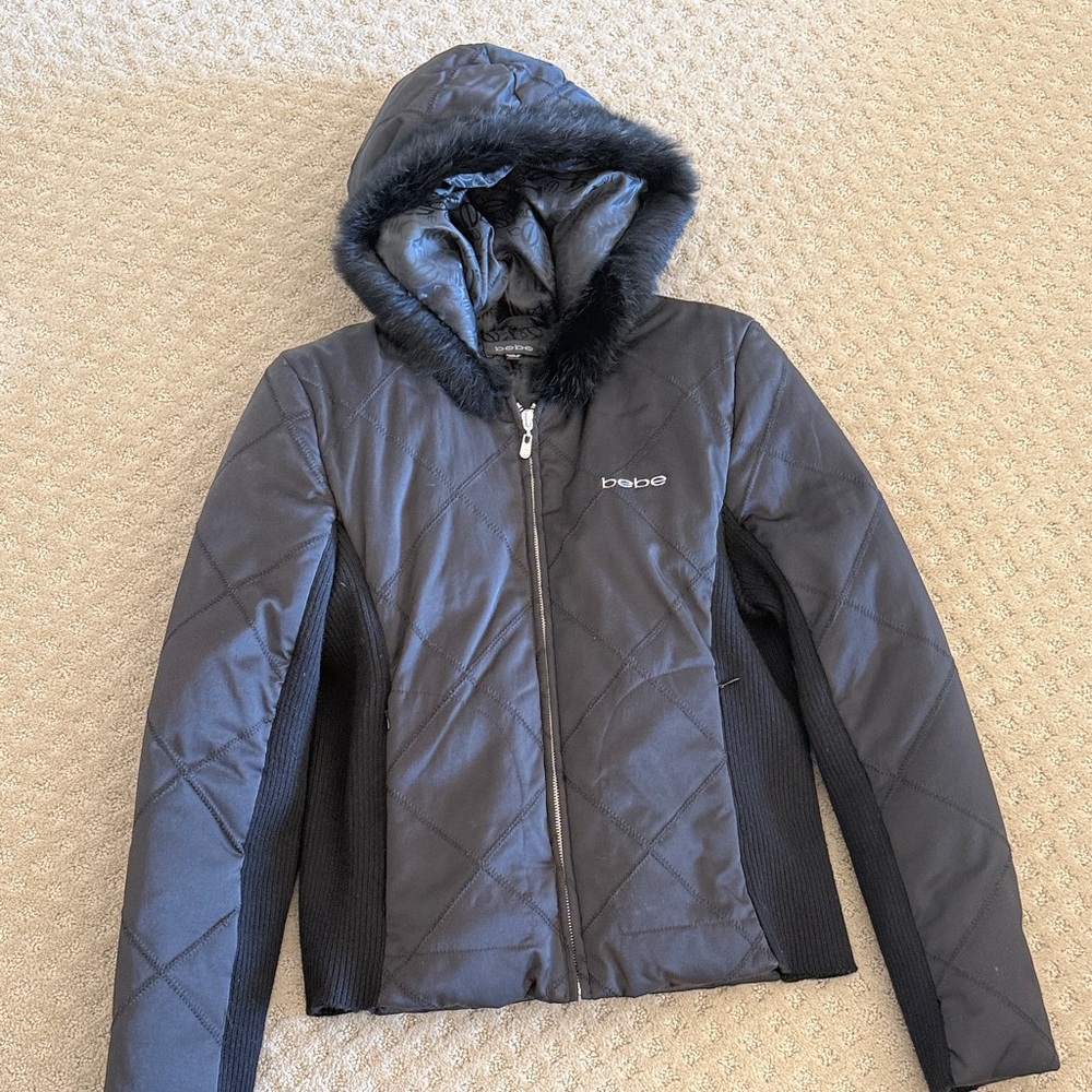 Bebe Quilted Jacket with Faux Fur Trim in Black